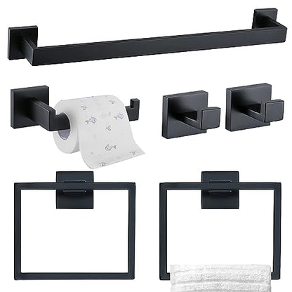 TQKAG 6-Piece Towel Bar Set, 23.6 Inch Bathroom Hardware Set, Matte Black | Stainless Steel, Wall Mounted, Black Bathroom Accessories Include Toilet Paper Holder Wall, Towel Bar, Towel Ring, Coat Hook - color: Matte Black, size: 6-Pieces Set-A