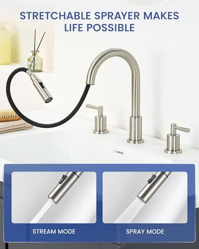 Widespread Bathroom Faucet 3 Hole, Bathroom Faucet with Pull Down Sprayer | Lead-Free, 8 Inch Bathroom Sink Faucet, Stainless Steel Vanity Faucet 3 Hole, Brushed Nickel Faucet for Bathroom Sink - color: Brushed Nickel, size: 8 Inch