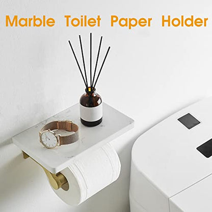 Hoimpro Toilet Paper Holder Wall Mounted, Marble Tissue Roll Rack | Brushed Gold | White Natural Marble Shelf Hand Paper Roll Holder, for Bathroom Kitchen Washroom Bedroom Aluminum - color: Gold