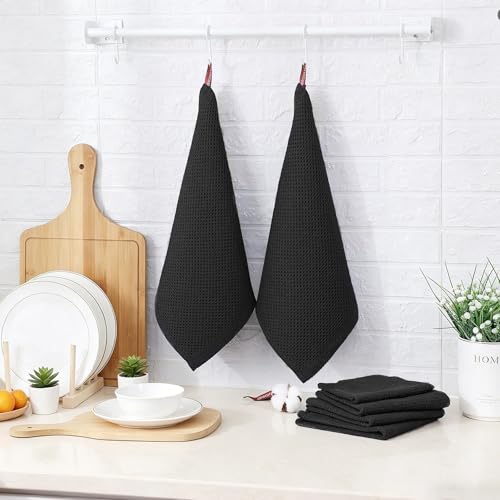 QUILTINA Kitchen Dish Cloths 6 Pack, 12 x 12 Inches, 100% Cotton Waffle Weave Dish Towels, Super Absorbent Quick Drying, Black - color: Black, size: 12 x 12 - 6 Pack
