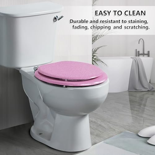 Angol Shiold Glitter Toilet Seat, Slow Close (Round, Pink) | Molded Wood Round Toilet Seat, Quiet Close, Quick Release Hinges, Easy to Install and Clean - color: Pink, size: Round 16.5‘’