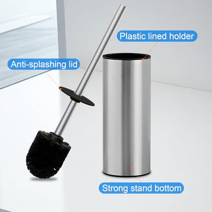 04 Stainless Steel Toilet Bowl Cleaner Brush and Holder Set | Brushed Bathroom Toilet Brush, Floor-Standing Circular Base, Long Handle, Heavy-Duty with 2 Brush Heads - color: H-brushed