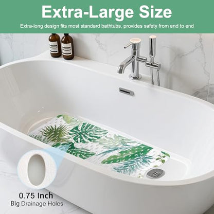 Shower Mat Non Slip, Yonala Premium Anti Slip Stylish Bath Tub Mat, 40 x 16 Inch Extra Large Bathtub Mat with Suction Cups and Drain Holes, Machine Washable - color: Green Monstera