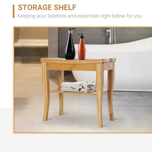 Long Bamboo Shower Bench Seat, 20" Wooden Shower Stool with Underneath Storage Shelf Shoe Organizer