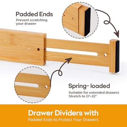 Bamboo Drawer Dividers Organizers, Kitchen Drawer Dividers for Clothes, Adjustable Drawer Separators for Dresser, Bedroom, Bathroom, Office, 4 Pack, 17“-22” - size: 17"-22"
