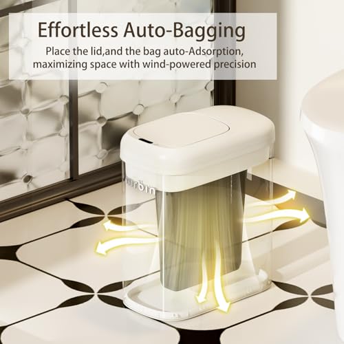 MRBIN Motion Sensor Adsorption Bag Bathroom Trash Can with Lid and Wheels, 10L/2.6gal Automatic Waste Basket Slim Electric Metal Garbage Bin for Office, Bedroom, Rv, Cream White