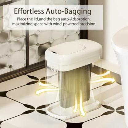 MRBIN Motion Sensor Adsorption Bag Bathroom Trash Can with Lid and Wheels, 10L/2.6gal Automatic Waste Basket Slim Electric Metal Garbage Bin for Office, Bedroom, Rv, Cream White
