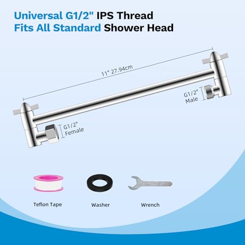 All-Metal Shower Extension Arm, G1/2" Universal/Adjustable, 11-Inch, Black | Brass Flexible Shower Head Extender Height/Angle Adjusted, Stainless Steel Pipe Extending with Lock Joint for Rain Showerhead - color: Chrome, size: 11 Inch