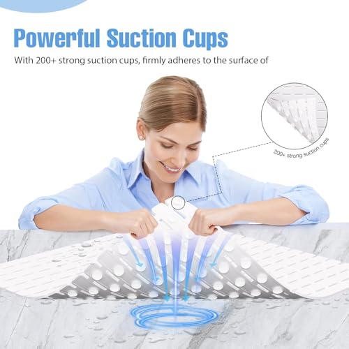 Shower Mat Non-Slip Bath Mat for Tub and Shower Stall,200+ Suction Cups with Drain Holes, Quick Dry Machine Washable, Extra Grip for Stand Up Showers, Bathroom Essentials 24x24 Inch (White) - color: White