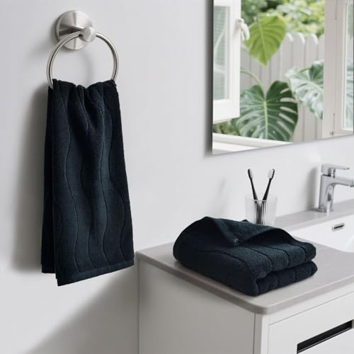 Hand Towels with Wavy Jacquard - Black Face Towels for Bathroom, 2 Piece | Cotton, 13x29 Inches - color: Black
