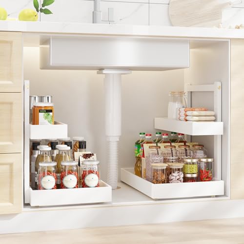 Bamboo Under Sink Storage 2 Tier Pull Out Cabinet Organizer Slide Out Under Sink Storage Shelf Undersink Organizers Shelves for Kitchen Bathroom Organization (White, 2 Packs) - color: White, size: 2 Packs