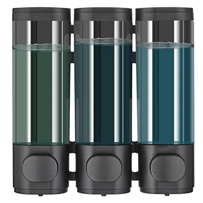Pollock Shampoo and Conditioner Dispenser Wall Mounted | Shower Soap Dispenser 2 Chamber No Drill, Shampoo Dispenser for Shower, Body Wash Dispenser for Bathroom, Large Capacity - color: Black 3 Chamber