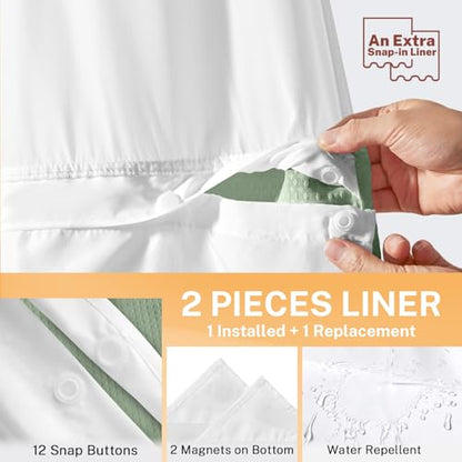 River Dream No Hooks Shower Curtain with 2 Snap in Liner, Green, 71Wx74H | Waffle Weave, 1 Attached Snap in Liner and 1 Extra Replacement Liner, Bathroom Curtains Shower Set, Hotel Grade, Spa Like - color: Green