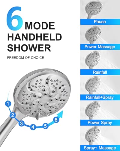 Fapully Wall Mounted 10-inch Shower System, Shower Faucets Sets Complete Round Shower Heads and Faucet Set with 6-Spray Handheld and Slide Bar Combo Included Valve and Trim Kit, Brushed Nickel