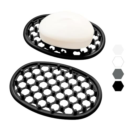 2 Pack Soap Dish for Shower, Non-Slip Silicone Bar Soap Holder with Efficient Drainage Holes for Bathroom Sink, Self Draining Soaps Saver Pad for Shower Niche, Shelf (Black- 2Pcs) - color: Black- 2pcs