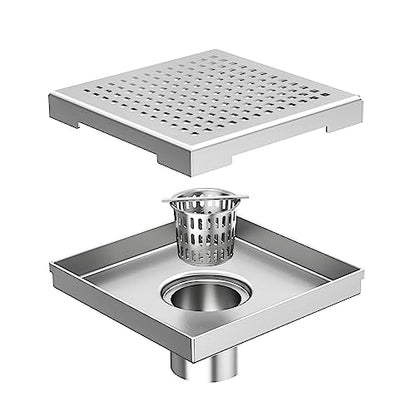 Neodrain 6 in Brushed Square Shower Drain with Quadrato Pattern Grate | 304 Stainless Steel Square Drain for bathroom, with Hair Strainer and Lifting Hook,Waterproof & Durable, CUPC Certified - color: Stainless, size: 6 IN