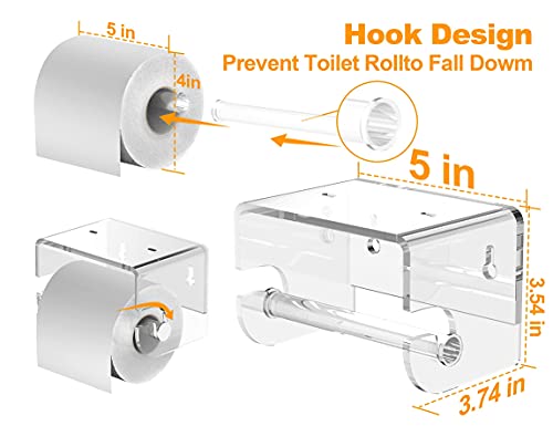 Adhesive Toilet Paper Holder with Shelf, Bathroom Toilet Paper Roll Stand, Wall Mounted Tissue Storage Holder, Acrylic Bathroom Accessories, with 3M Self Adhesive No Drilling (Clear)