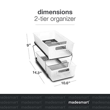 madesmart Two Tier Organizer with Dividers, Frost | pull out bins, tiered access, cleaning supplies, under sink use, pantry bottles, woman owned