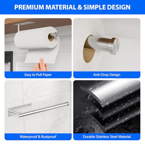 Paper Towel Holder Under Cabinet, Self-Adhesive,No Drilling, Stainless Steel, Wall-Mounted for Kitchen and Bathroom, Easy Install, Durable, Space-Saving, Ideal for Home, RV (Sliver, 2 Pack) - color: Sliver-2 Pack