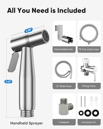 Arofa Hot and Cold Bidet Sprayer for Toilet, Warm Water Bidet Attachment | Hot & Cold Control, Adjustable Water Flow, 7/8" Brass T-valve, Fits Two-Piece Toilets, Feminine/Baby/Pet Wash, Easy Install - color: Stainless Steel(Hot&Cold), size: 1 Pack