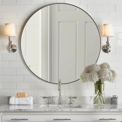 ANDY STAR Round Bathroom Mirror, 24’’ Brushed Silver Round Bathroom Mirrors in Stainless Steel Metal Frame 1" Deep Set Design | Rust-Proof Stainless Steel Thin Frame, Shatterproof HD Glass, 9mm MDF Backboard, Ideal for Living Room, Bedroom, Entryway - col
