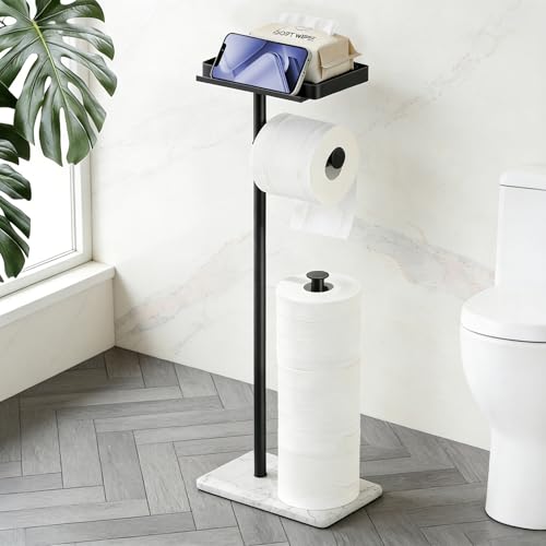ZUNTO Freestanding Toilet Paper Holder with Top Storage Shelf for Wet Wipe, Phone or Other Small Items, Tissue Roll Dispenser Stand with Marble Base, Bathroom Toilet Roll Holder for Extra 3 Rolls