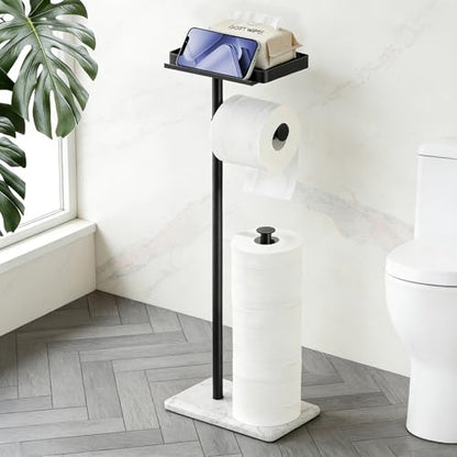 ZUNTO Freestanding Toilet Paper Holder with Top Storage Shelf for Wet Wipe, Phone or Other Small Items, Tissue Roll Dispenser Stand with Marble Base, Bathroom Toilet Roll Holder for Extra 3 Rolls