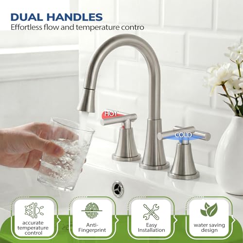 8 Inch Pull Out Sprayer Bathroom Faucet 3 Hole, Widespread 2 Handle Sink Faucet with Pop Up Drain and Supply Lines, Stainless Steel for Vanity, RV, Brushed Nickel - color: Brushed Nickel, size: 8 IN