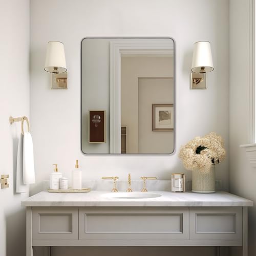 ANDY STAR 40x32 Inch Chrome Mirror for Bathroom, Chrome Bathroom Vanity Mirror, Rounded Rectangle Mirror, Anti-Rust SUS304, Seamless Tube Metal Frame, 1’’ Deep Wall Mounted Vertically/Horizontal - color: Polished Chrome, size: 40"L x 32"W