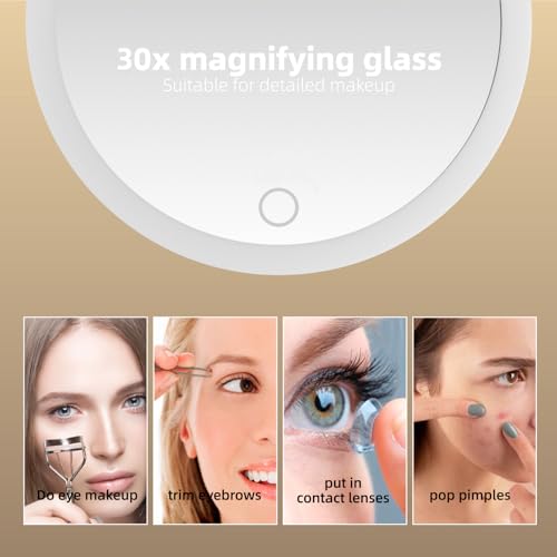 30X Magnifying Mirror with Lights, 6inch Makeup Magnified Mirror 30X Lighted Travel Magnification with 3 Suction Cups and 360° Adjustable Stand- Includes Tweezers & Scissors - color: White-30x