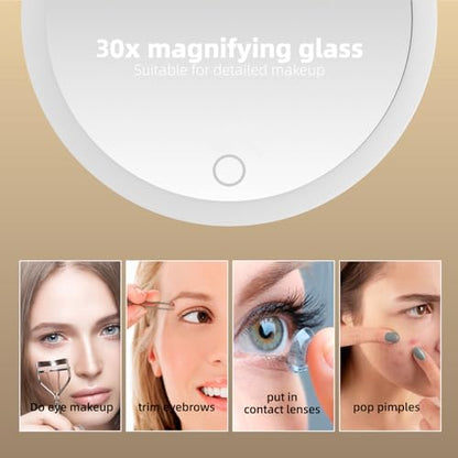 30X Magnifying Mirror with Lights, 6inch Makeup Magnified Mirror 30X Lighted Travel Magnification with 3 Suction Cups and 360° Adjustable Stand- Includes Tweezers & Scissors - color: White-30x