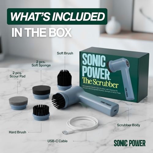 SonicPower Electric Spin Scrubber – Handheld & Ergonomic, IPX7 Waterproof, 4 Multi-Purpose Brush Heads, Long-Lasting Rechargeable Battery – Cleans Dishes, Bathroom, Tile, Grout & Kitchen (Steel Blue) - color: Steel Blue