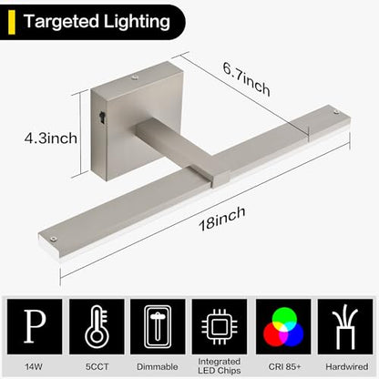 18 Inch Vanity Lights for Bathroom Brushed Nickel Over Cabinet Arm Extra Wide LED Bar 5CCT 2900K 6000K ETL IP44 - color: Brushed Nickel- 5CCT& Dimmable, size: 18-inch