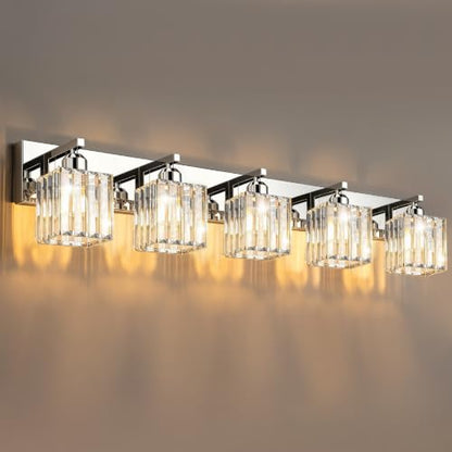 Brushed Chrome Crystal Bathroom Vanity Light, 5-Light Modern Bathroom Lighting Fixtures Over Mirror,Chrome Wall Sconce Light Fixtures with Square Shade - color: Chrome-Square Shade, size: 5-LIGHT