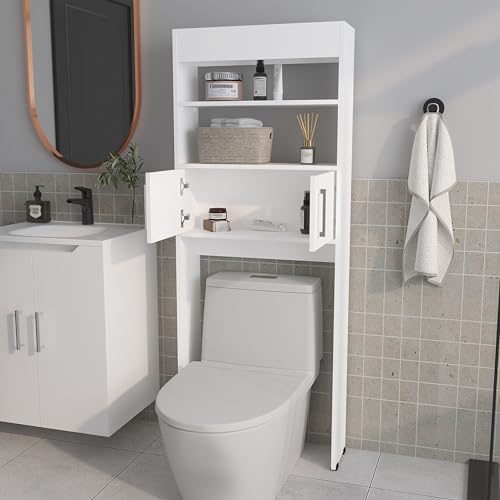 Over-The-Toilet Bathroom Storage Cabinet with Shelves, Space-Saving Bathroom Organizer with 2 Doors, Tall Toilet Shelf Cabinet for Bathroom Storage & Organization