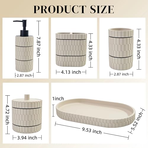 Bathroom Accessory Set, 6 Piece Bathroom Essentials Sets Accessories, Soap Dispenser Set, Toothbrush Holder, Vanity Tray, Tumbler, Cotton Swab Jars, Decor Organizer for Modern Bathrooms(Beige)