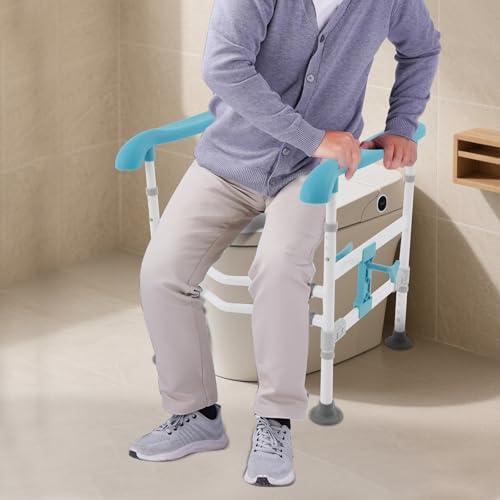 Toilet Safety Rails, Adjustable Height & Width Toilet Safety Frame, Foldable Handicap Toilet Handles for Seniors, Handicap, Disabled, 360° Rotatable Clamps, Fit Most Toilets (330 LBS Blue)