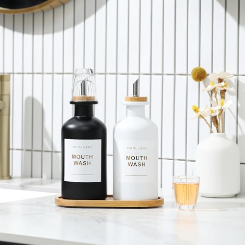 11.8OZ Mouthwash Dispenser, Set of 2 (Black/White) | Bamboo & Stainless Steel Pour Spout, Mouthwash Cups Reusable, Bamboo Tray, Elegant Gold Label - color: Black/White/350*2