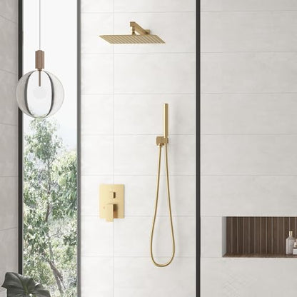 Hoimpro Brushed Gold Rain Shower Head System Faucet Set Handheld Spray | High Pressure 12 Inch Bathroom Rainfall Shower Head,2-in-1 Handheld Showerhead Combo, Shower Faucet Valve with Trim Kit - color: Brushed Gold