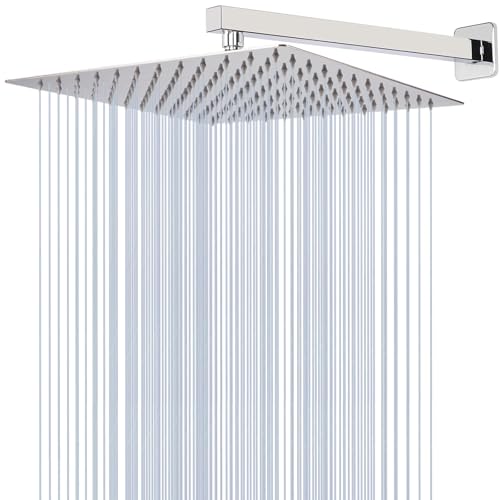 12" High Flow Rainfall Shower Head with 16" Shower Arm, Stainless Steel Square Showerhead Self-Cleaning Silicone Nozzles, Ultra-Thin Design, Universal Wall and Ceiling Mount (Chrome) - size: 12 Inch Square