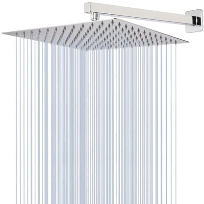 12" High Flow Rainfall Shower Head with 16" Shower Arm, Stainless Steel Square Showerhead Self-Cleaning Silicone Nozzles, Ultra-Thin Design, Universal Wall and Ceiling Mount (Chrome) - size: 12 Inch Square
