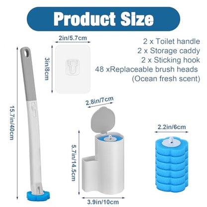 2 Pack Disposable Toilet Brush with 48 Refills | Toilet Bowl Cleaner Toilet Brush and Holder Set for Bowl Cleaners Bathroom Cleaning Bathtub