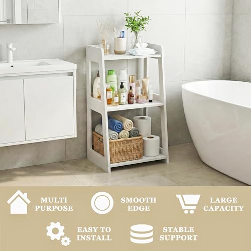 3-Tier Bathroom Ladder Shelf Freestanding, 15.7" W x 27.6" H | White PVC Floor Shelves, Small Bookshelf, Nightstand, for Home Study, Laundry Room, Open Display Rack, 11.8" Deep - size: 11.8"D x 15.7"W x 27.6"H