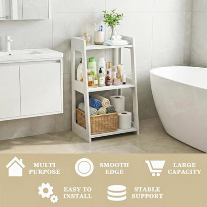 3-Tier Bathroom Ladder Shelf Freestanding, 15.7" W x 27.6" H | White PVC Floor Shelves, Small Bookshelf, Nightstand, for Home Study, Laundry Room, Open Display Rack, 11.8" Deep - size: 11.8"D x 15.7"W x 27.6"H