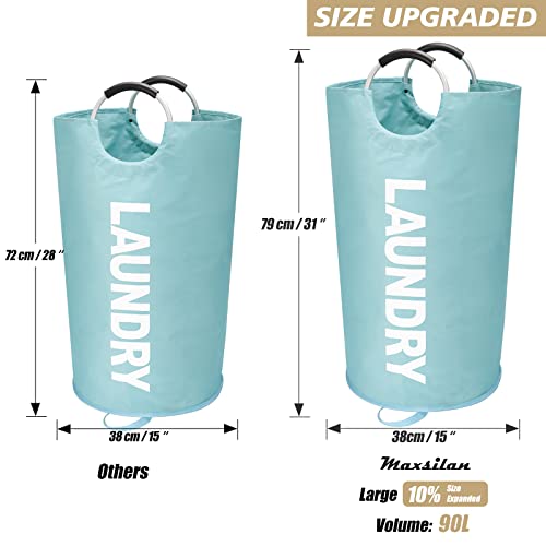 Maxsilan 90L Large Laundry Basket Bag, Collapsible Tall Hamper, Light Blue | Freestanding tall laundry bag & foldable washing basket. Extra large clothes storage bin with durable sturdy handles - color: Light Blue, size: 90L