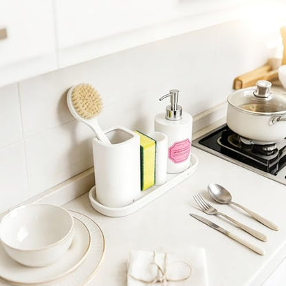 Ceramic Kitchen Sink Organizer Sponge Holder and Dish Brush Holder and Soap Tray for Kitchen Sink Organizer, White - color: White