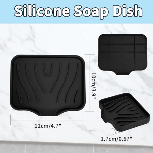2 Pack Silicone Soap Dish with Drain, Self Draining Bar Soap Holder for Shower, Silicone Dish Soap Tray, Bathroom and Kitchen Sink Organizer, Black - color: Black