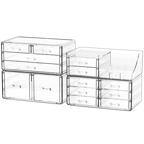 Cq acrylic Make Up Organizers for Vanity With 14 Drawers, 4 Pack Clear Drawer Organizers,Plastic Cute Desk Accessories Organization and Bathroom Organizers Storage Case Box Cube for Beauty,Skin Care - size: 14 Drawers-Set of 4