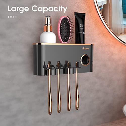 iHave Toothbrush Holders for Bathrooms Wall Mounted with Dispenser & 2 Cups | 6 Slots Wall Mount Toothbrush Holders for Bathrooms with Squeeze Toothpaste Dispenser, 2 Cups & 2 Compartments Organizer - color: Black 2 Cups