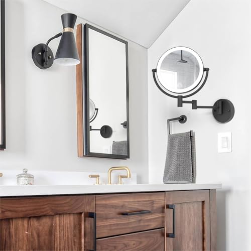 Brass Lighted Wall Mounted Makeup Magnifying Mirror 1X/10X | 8-Inch Rechargeable 2-Sided, 3 Color LED Touch Brightness Adjustment Extended Arm Cosmetic Vanity for Bathroom, Matt Black - color: Matte Black